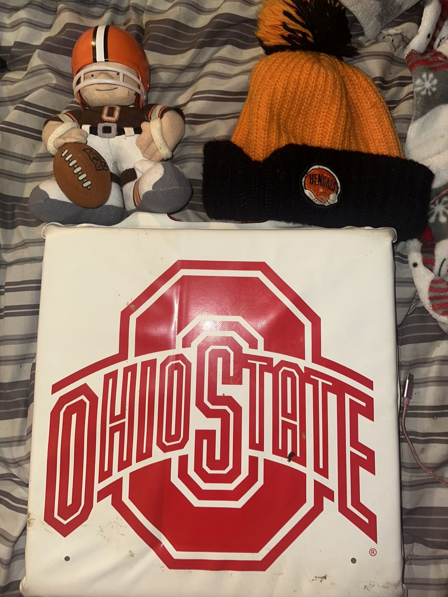 OSU Seat Pillow, Plus A Bengals Beanie And A Browns Memorabilia football player