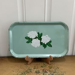 Mid Century Hand Painted Jade Gardenia Floral Metal Tin Tray
