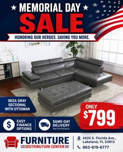 Memorial Day sale. Ibiza grey sectional with ottoman only $799. Easy finance option. Same-day delivery.