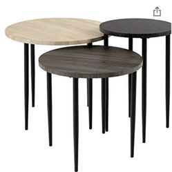 Walker Edison 3 Piece Modern Round Nesting Coffee Table Set Living Room Accent Ottoman Storage Shelf, Set of 3, Birch