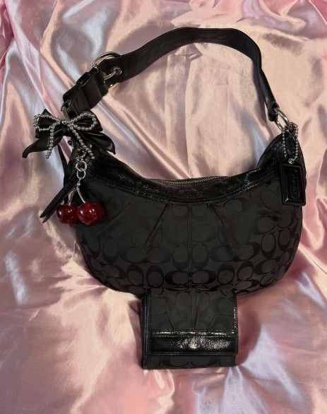 Y2K Coach Black Jacquard & Patent Leather Hobo Bag With Matching Wallet 