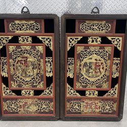 Pair of Early 20th Century Chinese Carved Wooden Gilt & Painted Figurines Wall Panels