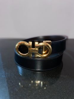 Ferragamo Reversible Two-Tone Leather Belt – Gold Double-Loop Buckle – Size 34