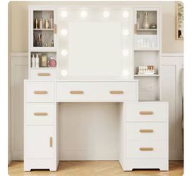 48.8 Inch Large Dressing Table With LED Lighting Mirror And Power Socket Equipped With 8 Drawers And 3 Cabinets 3 Adjustable Lights Bedroom Dressing T