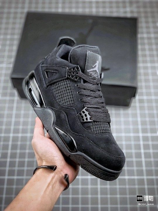 Jordan Air Jordan 4 Black Cat Leather Upper Mid-Cut Retro Basketball Shoe for Men - Black