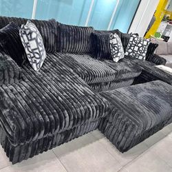 Fast Delivery Black Color Corduroy Sectional Couch Set 🌟 Take Home Pay Later 