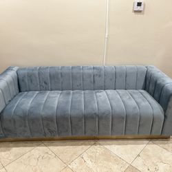 Glam Sky Blue Velvet Channel Tufted Sofa