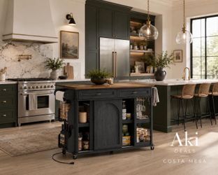🔥Kitchen Island Cart with Storage, 47.3" Mobile Storage Cabinet with Wine Glass Rack, Portable Islands on Wheels I-19