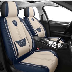 LINGVIDO Leather Car Seat Covers, Breathable Automotive Cover Cushion Accessories for Cars & SUV Truck Universal Fit Set (Blue & White Full Set)