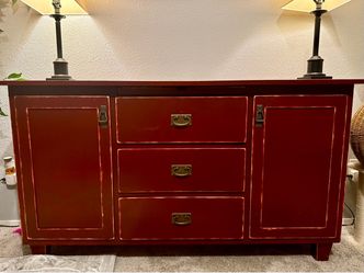 DINEC Solid Wood Buffet / Sideboard – Distressed Red Finish