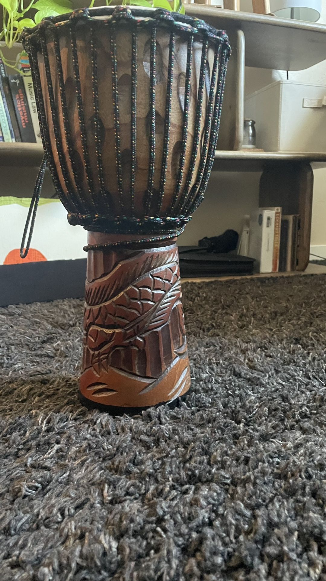 JIVE Djembe Drum - Hand-Carved Mahogany w/ Dragon Design (16”)