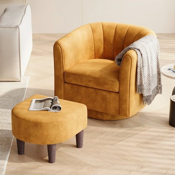 Swivel Accent Chair with Ottoman, Velvet Barrel Chair for Living Room, Yellow