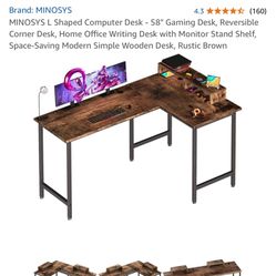MINOSYS L Shaped Computer Desk - 58" Gaming Desk, Reversible Corner Desk, Home Office Writing Desk with Monitor Stand Shelf, Space-Saving Modern Simpl