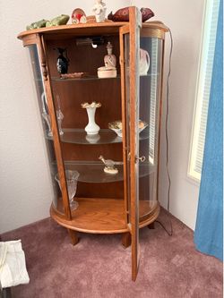 Vintage Oak Curved Glass Curio Cabinet