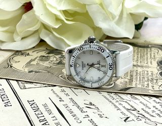 Tissot Seastar watch with mother of pearl face & white rubber band