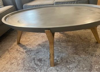 Oval Concrete-Top Coffee Table with Wood Legs