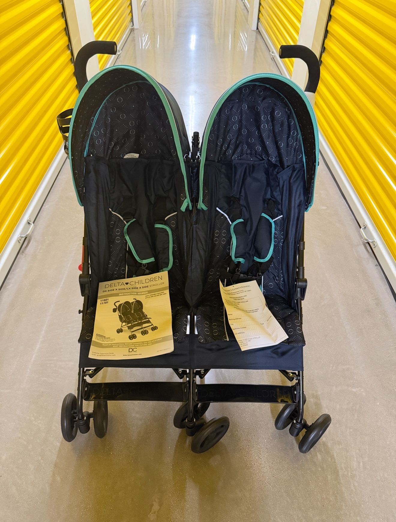 Brand New Delta Children LX Side by Side Double Stroller Compact Blue Gray