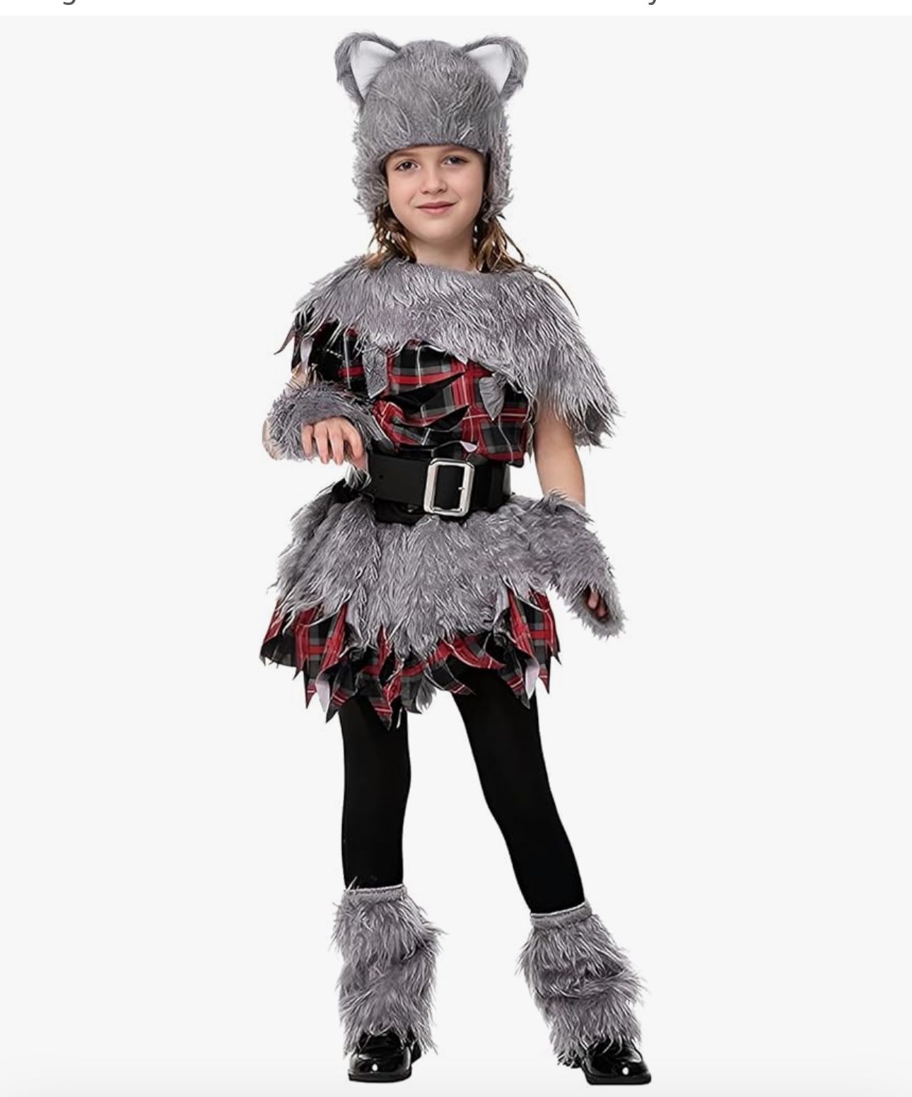 Faux Fur Werewolf Costume Set with Shawl Hat Dress Glove Leg Cover Halloween Wild Wolfie Animal Fancy Dress Costume