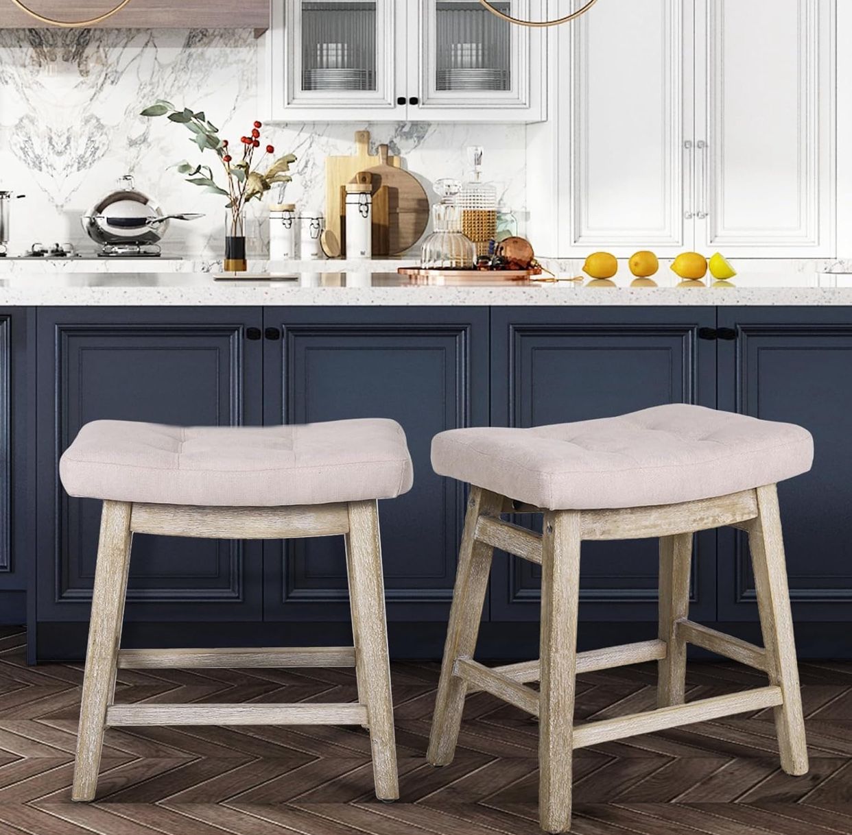 Counter Height White Bar Stools Set of 2 for Kitchen Counter Modern Backless Barstools PU Leather Saddle Seats for 34"-40" Counter Island Upholstered