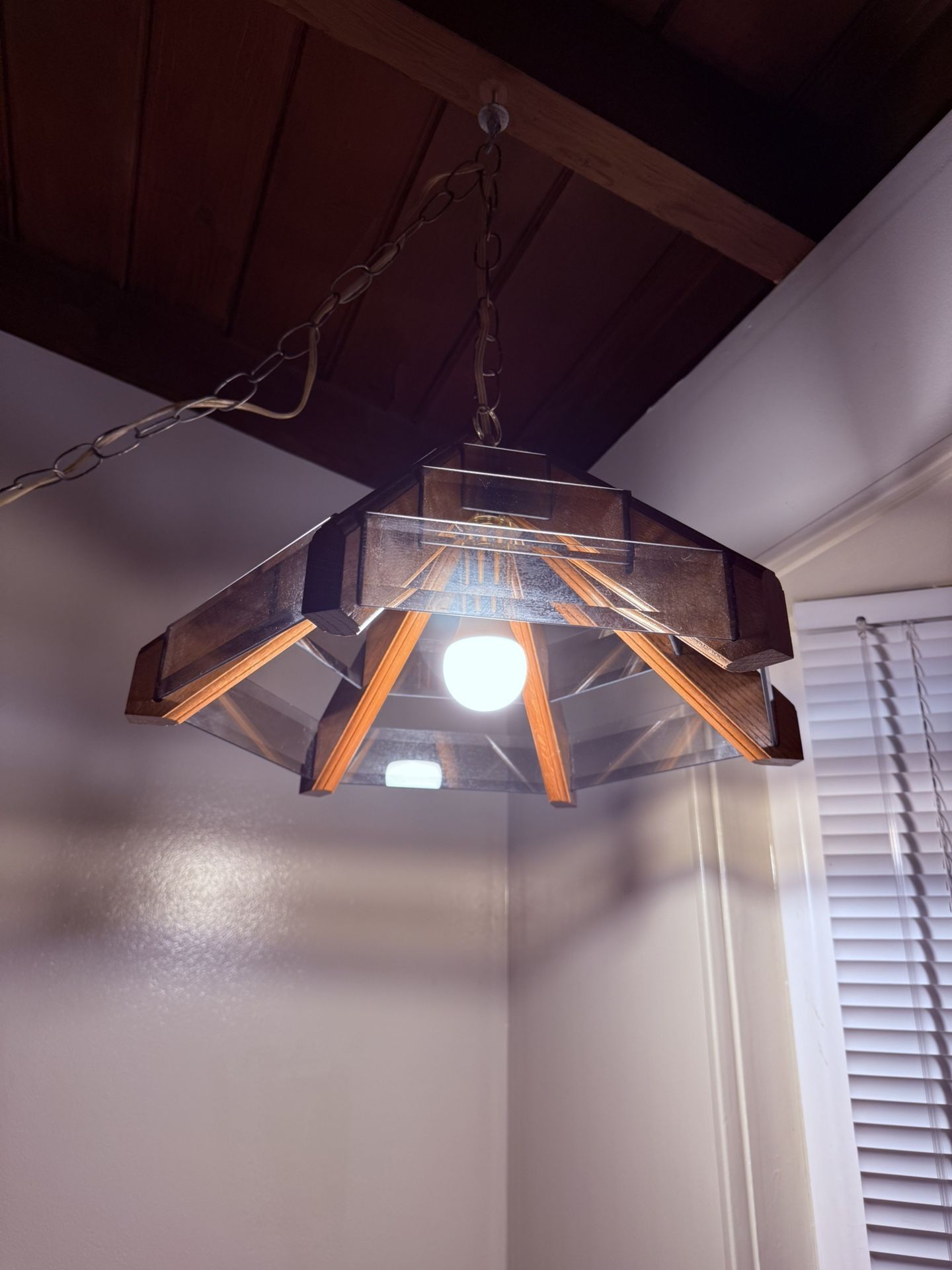 MCM Pyramid Solid Oak Wood and Smoked Glass Pendant Light