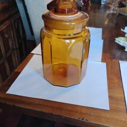 Vintage LE Smith 10 Panel Amber Glass Apothecary Canister Jar With Lid 