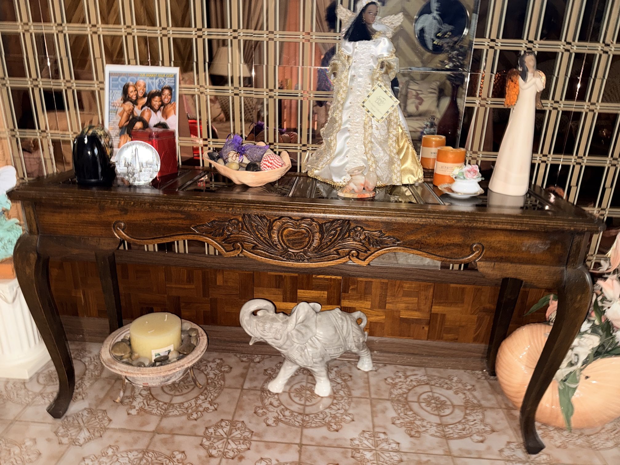 Elegant French Provincial Carved Wood & Glass Console Table