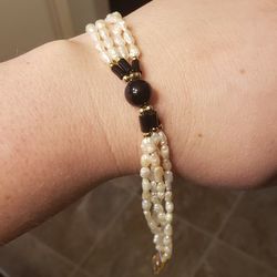 Natural pearl, Black Coral, And Silver Bracelet
