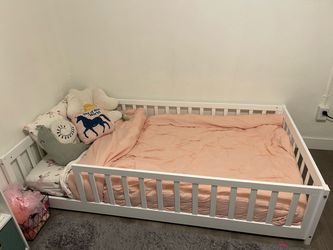 White Wood Floor Bed Frame with Rails