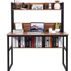 Computer  Desk 24 in. Rectangular Walnut P2 MDF 0-Drawer Computer Desk with Hutch Bookshelf