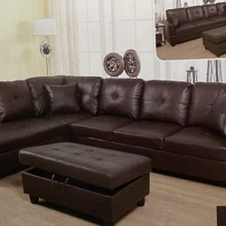 Brown Leather Sectional Couch And Storage Ottoman