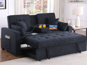 70" Dark Gray Woven Convertible Sleeper Loveseat with Dropdown Console, Cup Holders, Charging Ports, Pocket, and Pocket Coil Seating