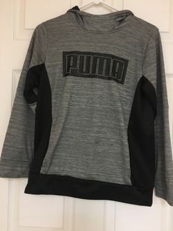 PUMA Gray & Black Hooded Pullover Unisex L 14/16 Big Logo Spellout school travel