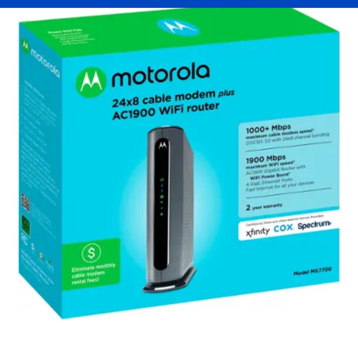 Motorola - MG7700 24x8 DOCSIS 3.0 Cable Modem + AC1900 Router - Black