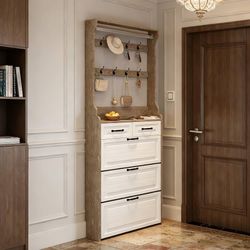 Hall Tree with Shoe Storage Cabinet and Coat Rack Slim Entryway Hall Tree with 3 Flip Drawers and 2 Storage Drawers for Narrow Halls and Mu