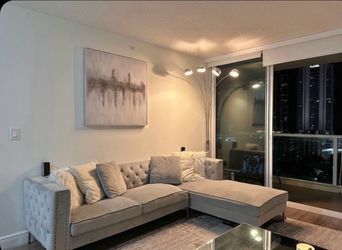 Grey Velvet Sectional Sofa with 2 Grey Pillows