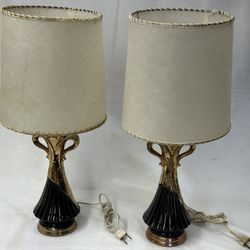 Pair Vintage Black And Gold Drip Ceramic Table Boudoir Lamps