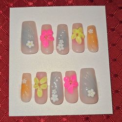 Press-On Nails | Long Square | Beige w/ Pastel Accents & Bright 3D Flower Accents (#16)