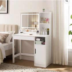 Vanity Table with Lighted Mirror and Storage, White Finish