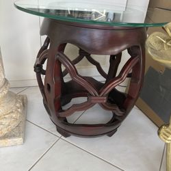 Gorgeous Asian Chinoiserie Garden Stool Pedestal Side, End Or Nightstand Table W/ Marble Inlay. Glass Not Included.