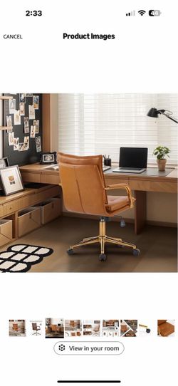 Mid-Back Ergonomic Leather Office Chair, Modern Upholstered Executive Desk Chair with Gold Frame Armrest Computer Task Chair (Camel)