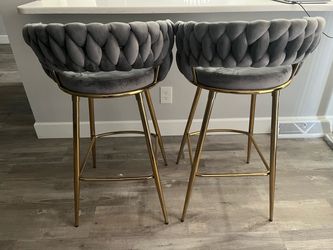 Gray Velvet Bar Stools with Gold Legs – Set of 2