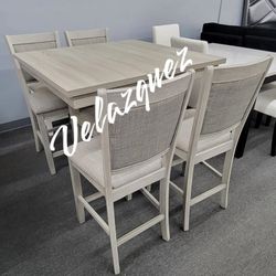 ✅️ 5 pc Wildon studio rustic natural tone,  finish wood and fabric counter height dining table set ✅️✅️