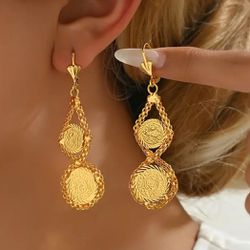Creative Double Golden Coin Design Hoop Earrings Copper 18K Gold Plated Jewelry Vintage Luxury Style For Women Ramadan Decor