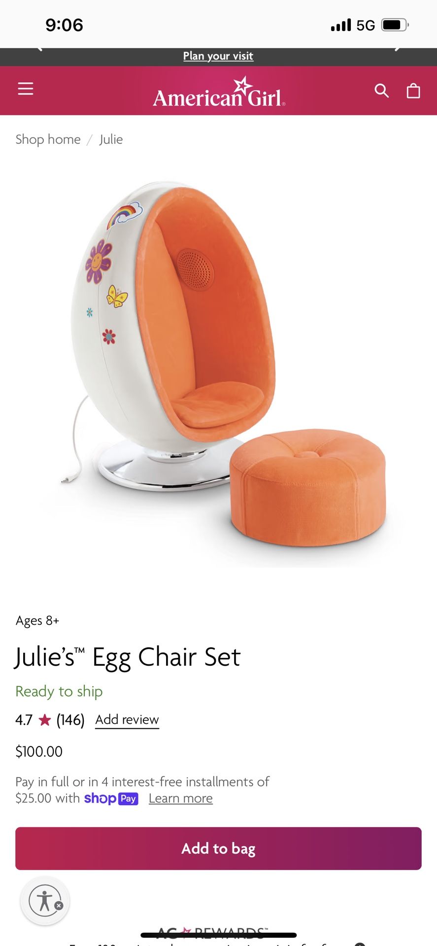 American Girl Doll Julie’s Egg Chair For 18” Doll