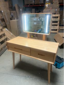 Soild Wood Vanity Table 38 IN with Light Mirror High Adjustable, Make Up Desk Large Dressing Table 3 Lighting Modes