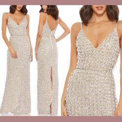 NEW $598 Mac Duggal [ 2 ] Geometric Embellished Crystal Drop V-Neck Gown #Q666