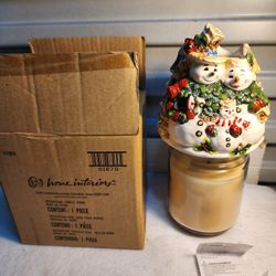 NEW VINTAGE Home Interiors Ceramic Snowman Familt Candle Shade Jar Topper 5.25"