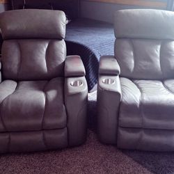 Two Gray Leather Electric Recliners 