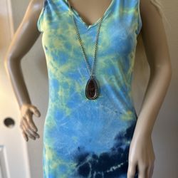 Ocean Tie Dye Blue Green Yellow Mermaid Cut Long Maxi Dress Built In Necklace 