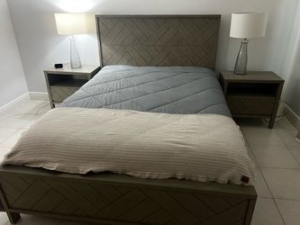 Grey Wood Queen Bed/head and footboard/2 night stands and Black Matte chandelier